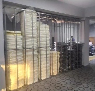 Chair factory: storage racks with stacked material