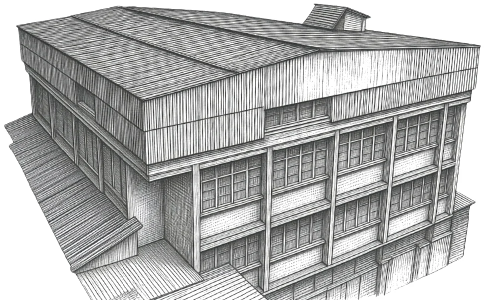 Pencil illustration of the Milite Furniture factory