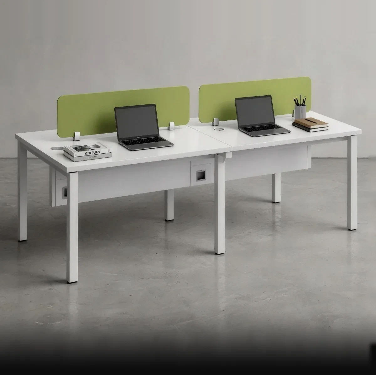 iWork Performa 4 seater sharing workstation with green privacy screens