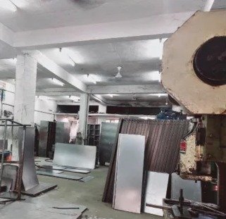 Steel work factory: fabrication floor with steel sheets